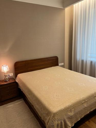 een slaapkamer met een bed en een raam bij 101 Large Space in Kaunas