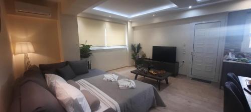 a living room with a couch and a television at Amare suite in Perivólia