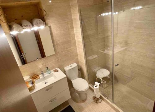 La salle de bains est pourvue d'une douche, de toilettes et d'un lavabo. dans l'établissement Sofia’s placeCosy ground floor Appartement RDJ, à Marrakech