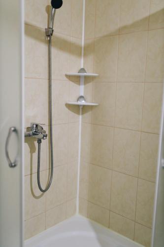 a shower with a shower head in a bathroom at LK Apartment in Rēzekne