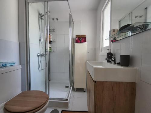 y baño con ducha, aseo y lavamanos. en Tranquility studio apartment, en Málaga