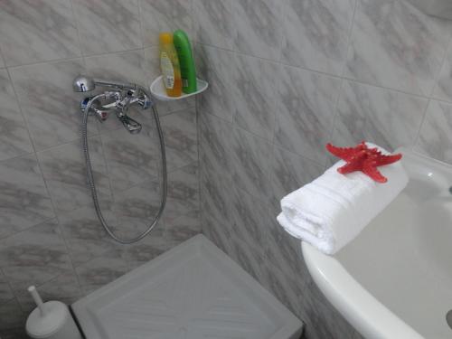 baño con ducha y toalla de estrella de mar roja en Nikolas Villas, en Perivolos