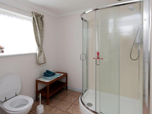a bathroom with a toilet and a glass shower at Mountain Cross in Gatehouse of Fleet