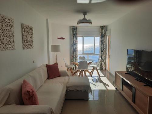 een woonkamer met een bank en een televisie bij Primera linea de Playa a 10 min Estepona in San Luis de Sabinillas