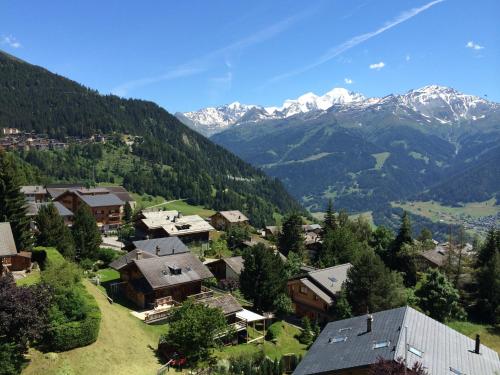 a village in the mountains with snow covered mountains at Hotel Montpelier in Verbier