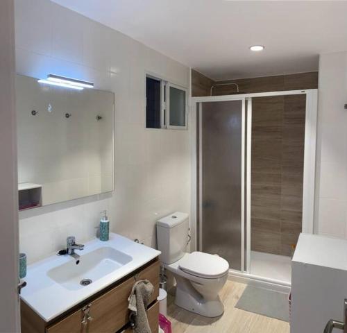 y baño con aseo, lavabo y ducha. en Apartamento Playa Levante, en Santa Pola