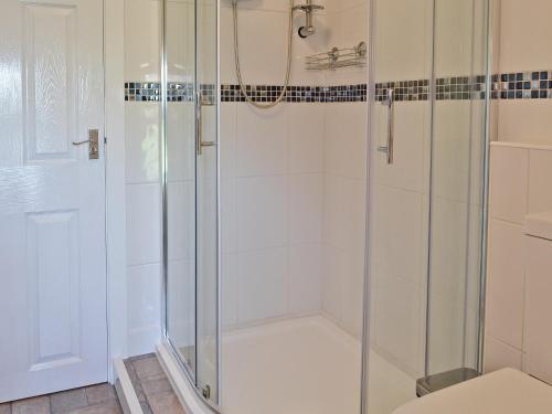 een douche met een glazen deur in de badkamer bij Ty Capel Gosen in Trevor