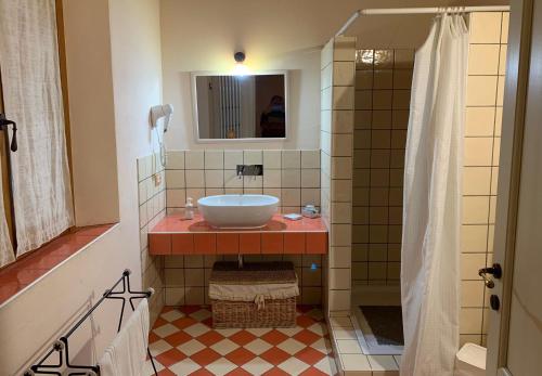 a bathroom with a sink and a mirror at Agriturismo Il Filare in Neviano degli Arduini