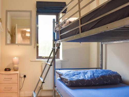 ein Schlafzimmer mit einem Etagenbett und einer Leiter in der Unterkunft Riverside Cottage in Whitby
