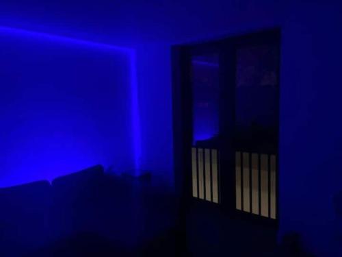 Habitación azul con puerta y ventana en Luxury Penthouse Apartment ( Private Gated), en Londres