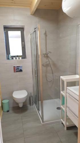 a bathroom with a shower and a toilet and a sink at Domki Masztowa Przystań in Gąski