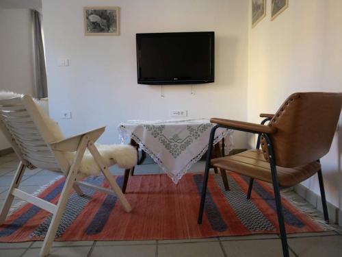 Habitación con mesa, 2 sillas y TV. en Apartma Drev in Bošnjak, en Dobrna