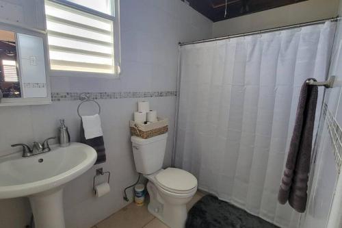 a white bathroom with a toilet and a sink at “La Choza” Beach Cabin en el Poblado de Boquerón in Cabo Rojo