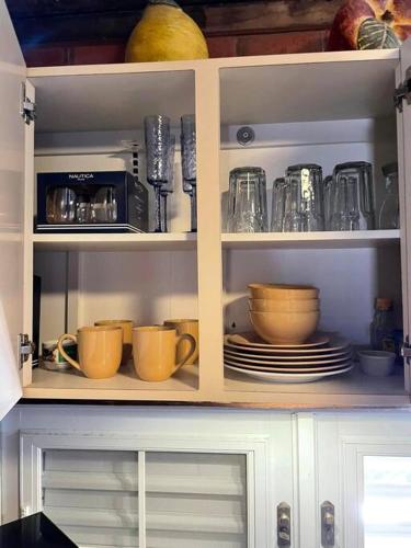a kitchen cabinet with cups and plates in it at “La Choza” Beach Cabin en el Poblado de Boquerón in Cabo Rojo