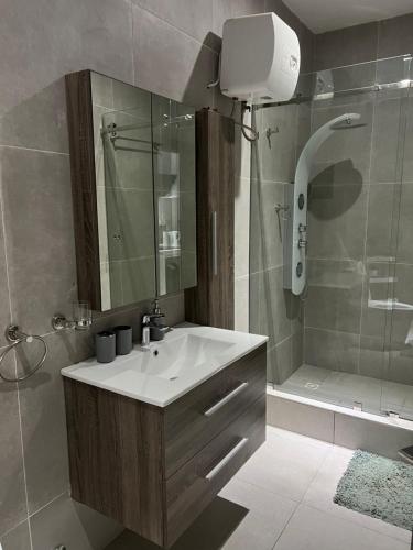 a bathroom with a sink and a shower at The FJORD at Martsmith in Accra