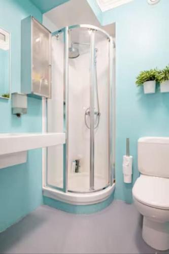 a bathroom with a shower and a toilet at Lisbon Coast, 3 bedroom apartment with large terrace in Linda-a-Velha