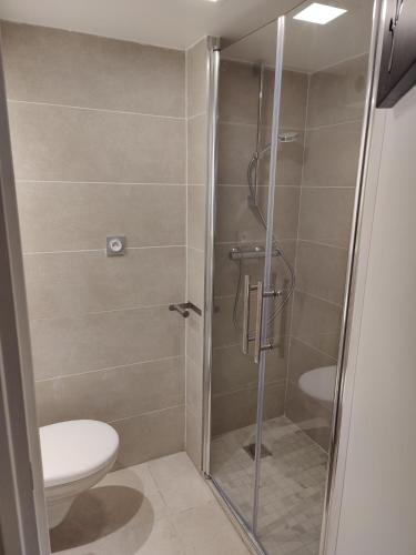 a bathroom with a shower with a toilet at L'Escapade Enchantée Paris-Disneyland in Noisy-le-Grand
