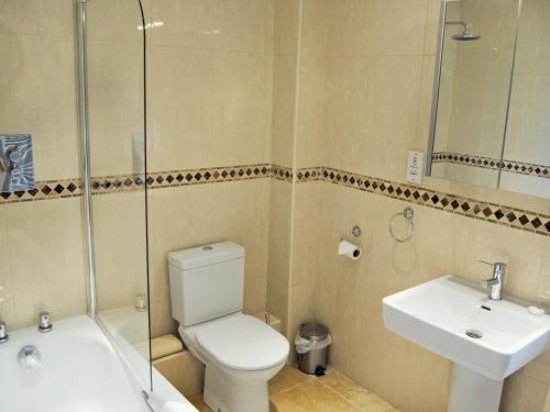 a bathroom with a toilet and a sink and a shower at Prideaux Cottage in Luxulyan