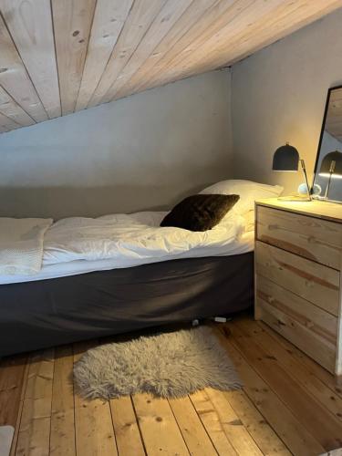 a bedroom with a bunk bed and a dresser at Lillahuset i Helsingborg! in Helsingborg