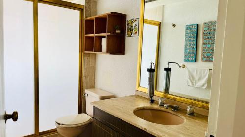 uma casa de banho com um lavatório, um WC e um espelho. em Gelati apartment 1Parking 2BR 2BA em Cidade do México