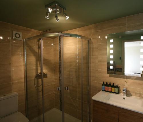 a bathroom with a shower and a sink and a mirror at The Belfry at Yarcombe in Yarcombe