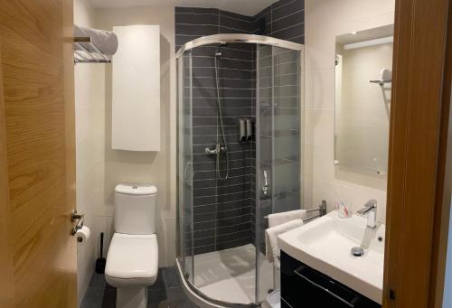 y baño con ducha, aseo y lavamanos. en VIANA en Monforte de Lemos