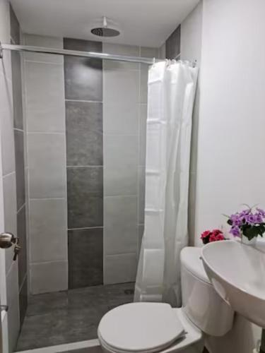 a bathroom with a shower and a toilet and a sink at PRIMAVERA LIVING in Medellín