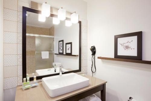 a bathroom with a sink and a large mirror at Country Inn & Suites by Radisson, Chippewa Falls, WI in Chippewa Falls