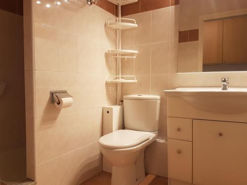 łazienka z toaletą i umywalką w obiekcie Studio Climatisé 2/3 Pers, Balcon, à 50m de la Plage et 200m du Centre-Ville de Saint-Raphaël - FR-1-466A-49 w miejscowości Saint-Raphaël