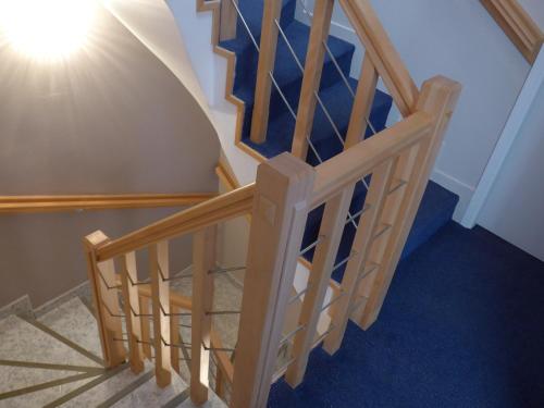 a wooden staircase with blue carpeting and a stair case at Hôtel Le Relais Dax in Dax