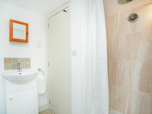 a bathroom with a shower and a sink at Cowslip Cottage in Templeton