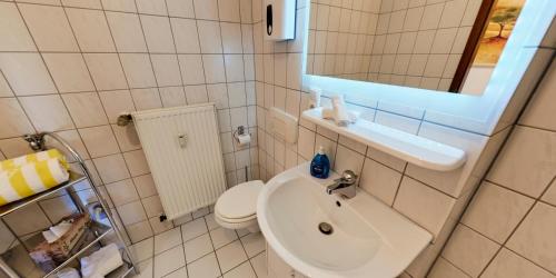 a bathroom with a sink and a toilet and a mirror at Ferienwohnung Seeblick in Schalkenmehren