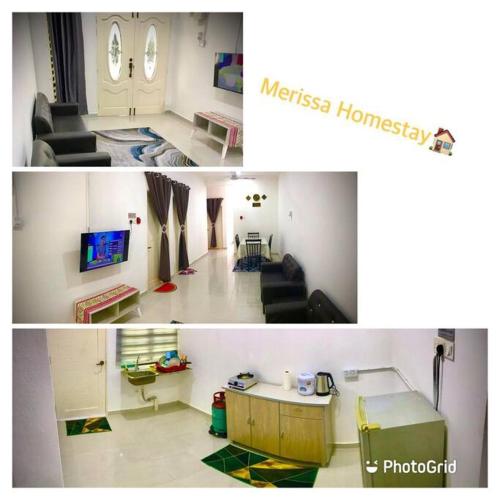 eine Collage mit zwei Bildern eines Wohnzimmers in der Unterkunft Merissa Homestay in Kampong Gong Kempas