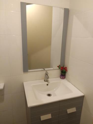 uma casa de banho com um lavatório e um espelho em AL Fateh Apartment Wakaf Che Yeh em Wakaf Che Yeh