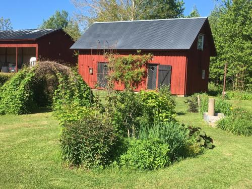 a red barn with a garden in front of it at Liten stuga mitt i naturen på Kinnekulle in Hällekis