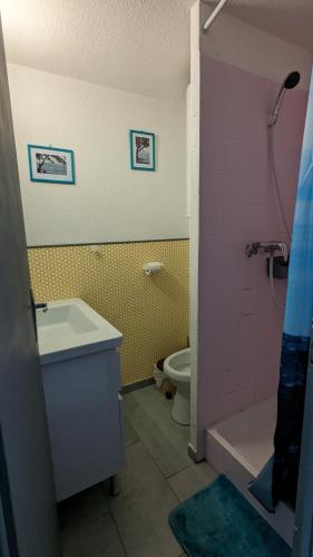 une salle de bain avec un lavabo, des toilettes et une douche dans l'établissement Maisonette à 500m de la plage pour 4 personnes, au Barcarès