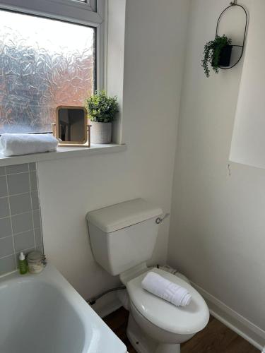 a bathroom with a toilet and a sink and a window at 2 bed Central Cardiff Apartment - sleeps five! in Cardiff