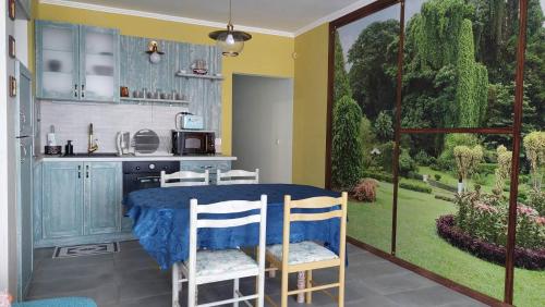 eine Küche mit einem Tisch und Stühlen im Zimmer in der Unterkunft Anthic 7 Apartment 3 in Sozopol