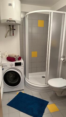 a bathroom with a shower and a washing machine at Apartmán Kovárna in Prášily