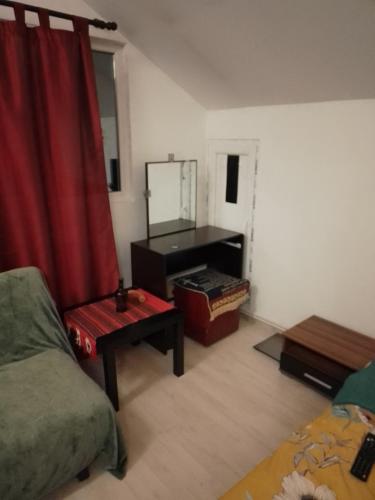 a living room with a couch and a mirror at Casa Mocanu in Giurgiu