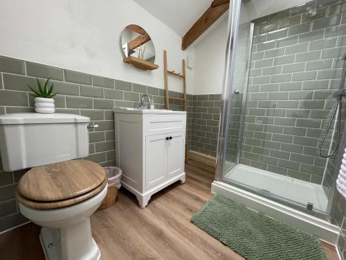 a bathroom with a toilet and a shower at Idyllic country cottage near Wells in Wells