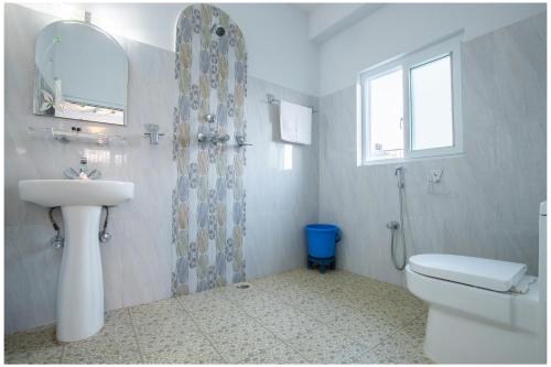 a bathroom with a sink and a toilet and a mirror at Hotel Tulip Pokhara Inn in Pokhara