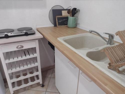 - une cuisine avec un évier et un comptoir dans l'établissement Studio Campanule Provence Verdon, à Riez