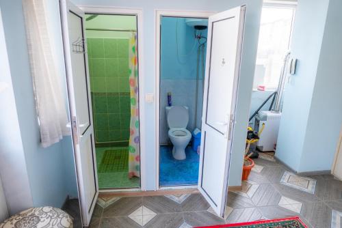 a bathroom with a shower and a toilet in it at Guest House EtnoDom in Jalal-Abad