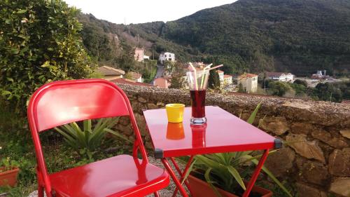 una silla roja y una mesa roja con una bebida encima en La casa del golfo, en Gavorrano