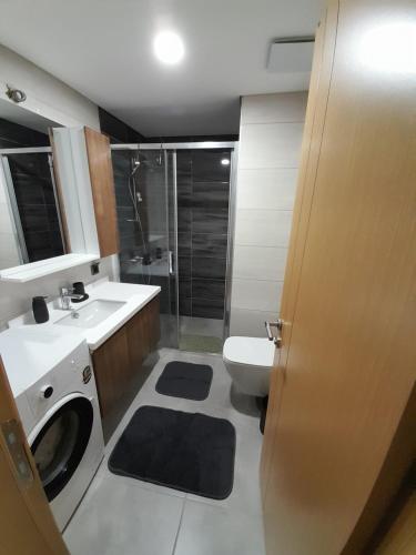 uma casa de banho com um WC, um lavatório e um chuveiro em Fikirtepe em Istambul