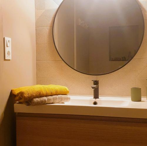a bathroom with a sink with a mirror and towels at Maisonnette cosy cœur centre avec accueil vélo in Saumur