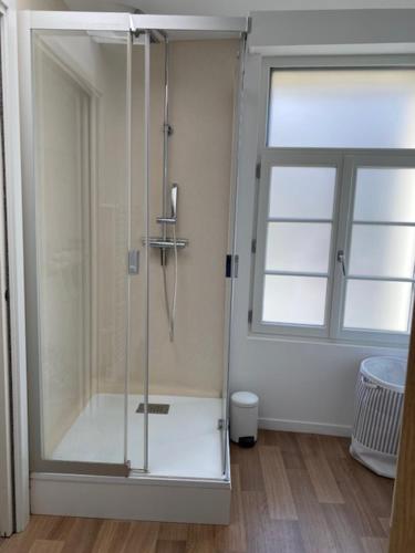 een badkamer met een glazen douche met raam bij Le Duplex du Cours de Verdun in Arras
