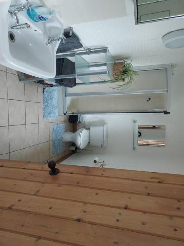 a bathroom with a sink and a wooden floor at BARHOLM CROFT Holiday Cottage in Creetown