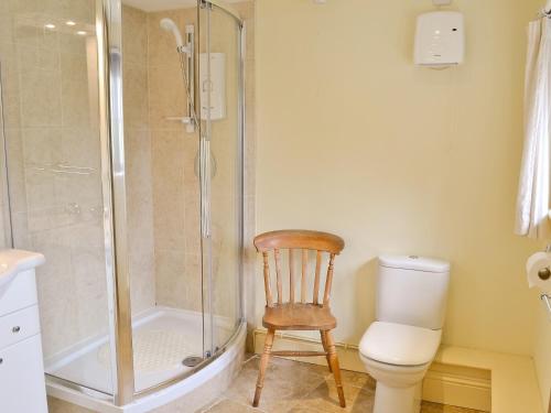 a bathroom with a shower and a toilet and a chair at The Old Stables in Chetnole